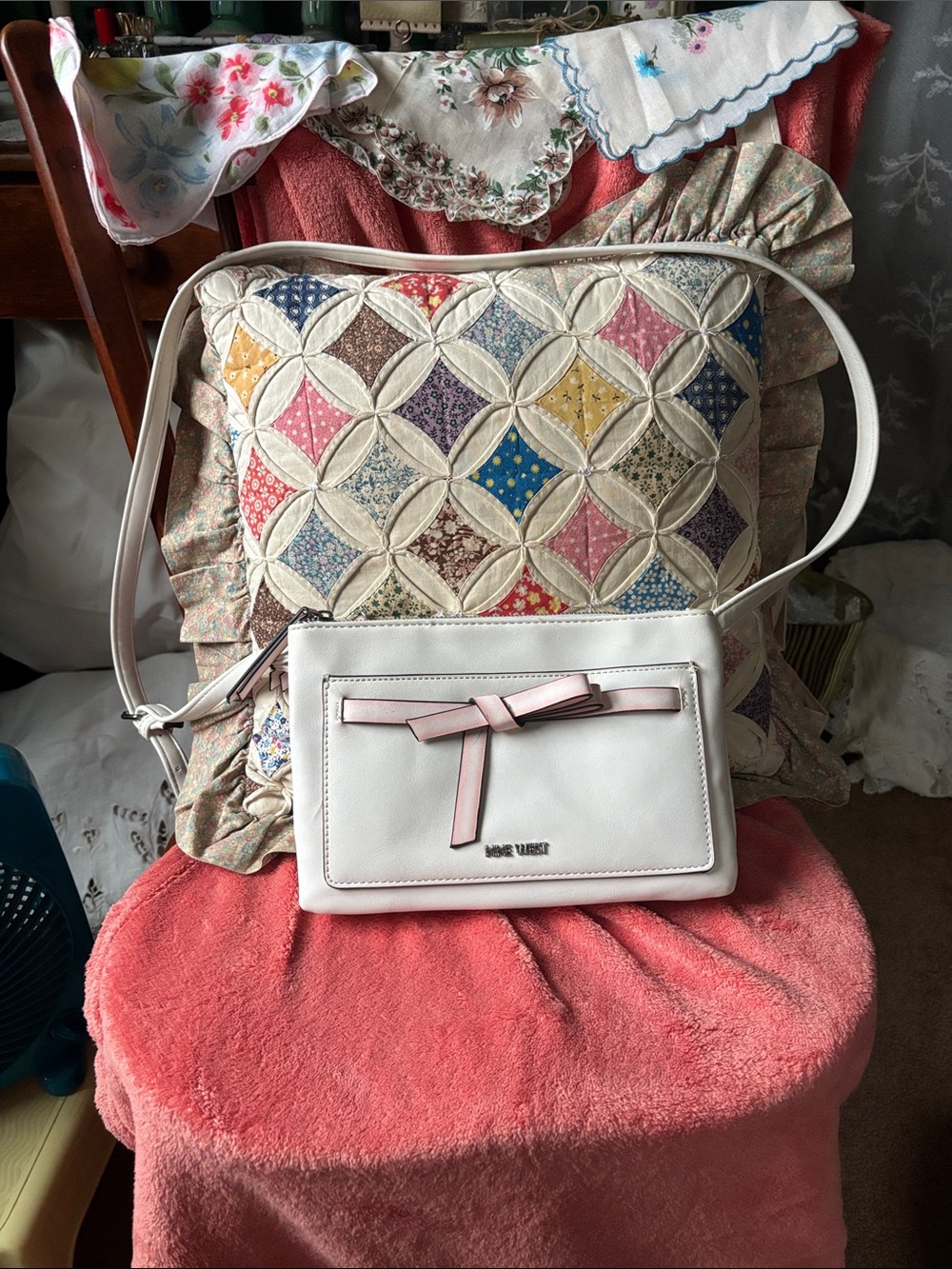 Nine West Cream and Pink Crossbody Bag with Bow Accent